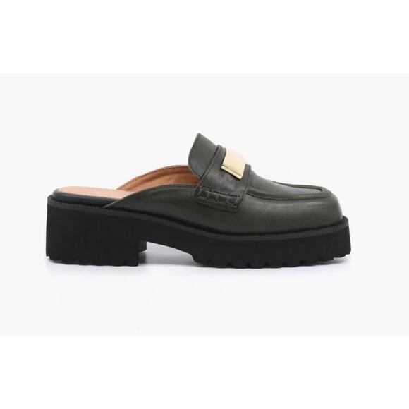 All Black Flat Buckle Mule Green Sz 8.5/9 US 39 EU NIB Minimalist Sleek Stylish - Picture 11 of 15